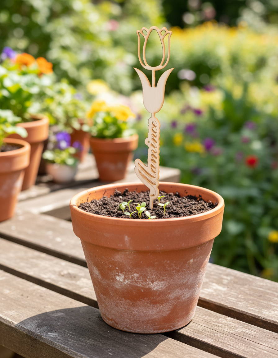 Dřevěný Tulipán s Gravírováním – Personalizovaný Zápich